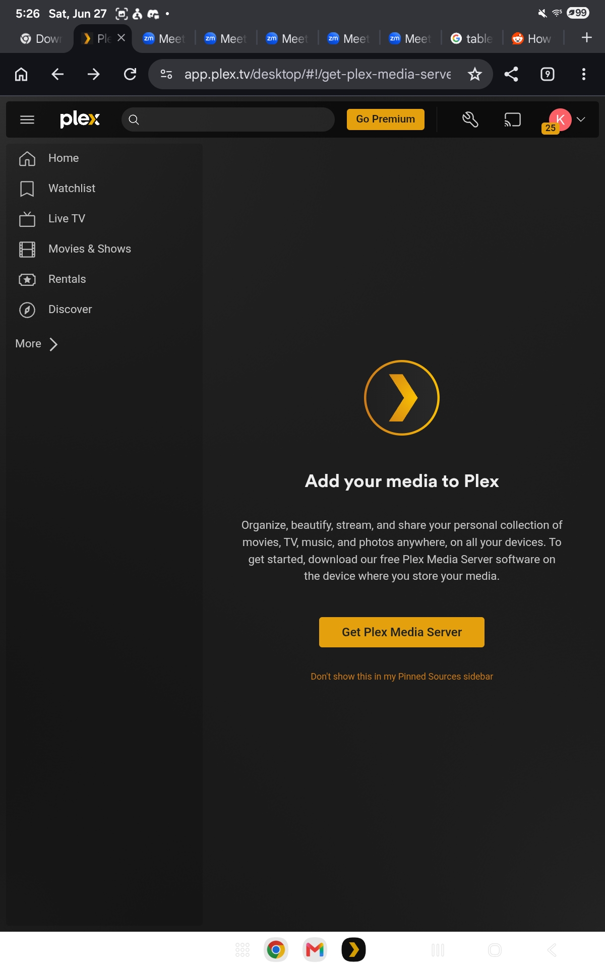 Plex sidebar showing More button at bottom