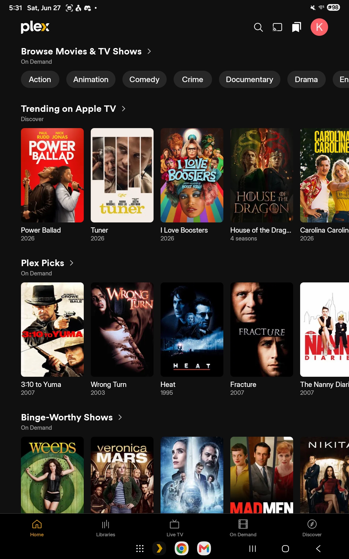 Plex mobile app showing Libraries tab